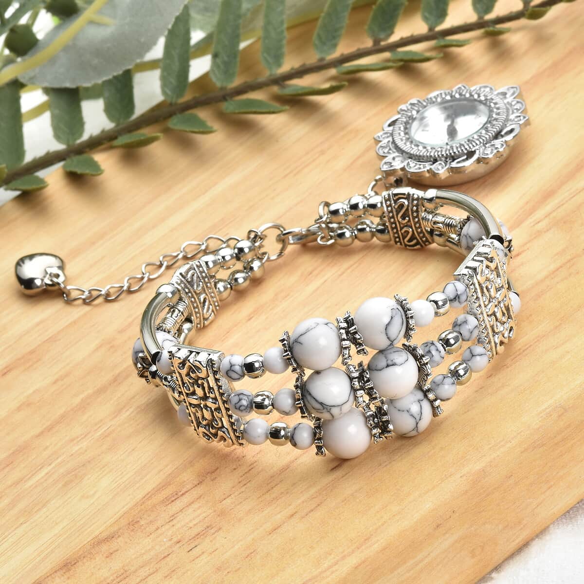 Strada White Howlite Beaded and Austrian Crystal Japanese Movement Bracelet Charm Watch in Silvertone (6.75- 8.25 In) 24.00 ctw image number 1