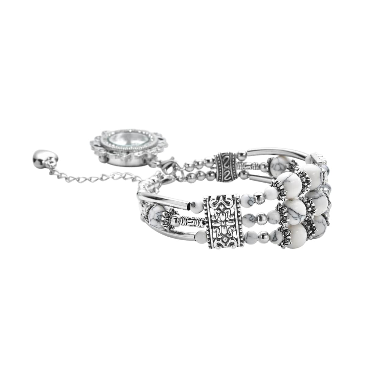 Strada White Howlite Beaded and Austrian Crystal Japanese Movement Bracelet Charm Watch in Silvertone (6.75- 8.25 In) 24.00 ctw image number 2