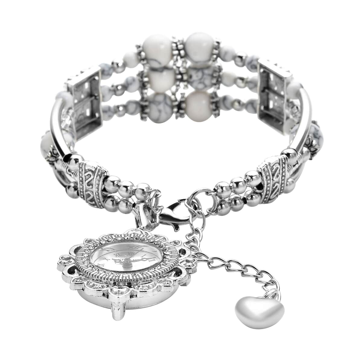 Strada White Howlite Beaded and Austrian Crystal Japanese Movement Bracelet Charm Watch in Silvertone (6.75- 8.25 In) 24.00 ctw image number 3