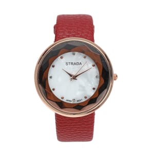 Strada Japanese Movement  Simulated MOP Carved Dial Watch With Wine Red Faux Leather (39.8mm)