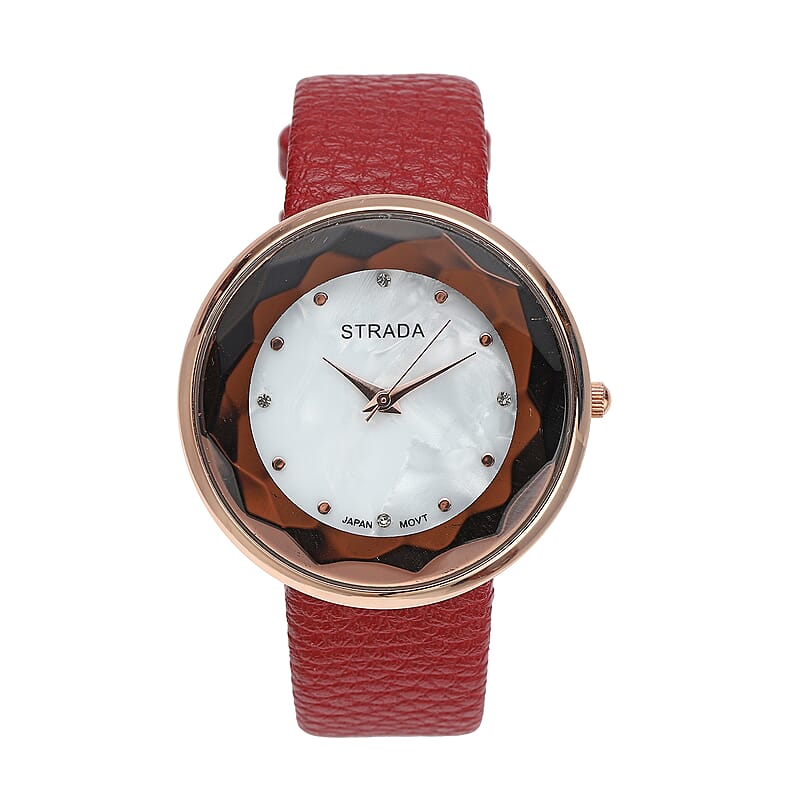 Strada Japanese Movement  Simulated MOP Carved Dial Watch With Wine Red Faux Leather (39.8mm)