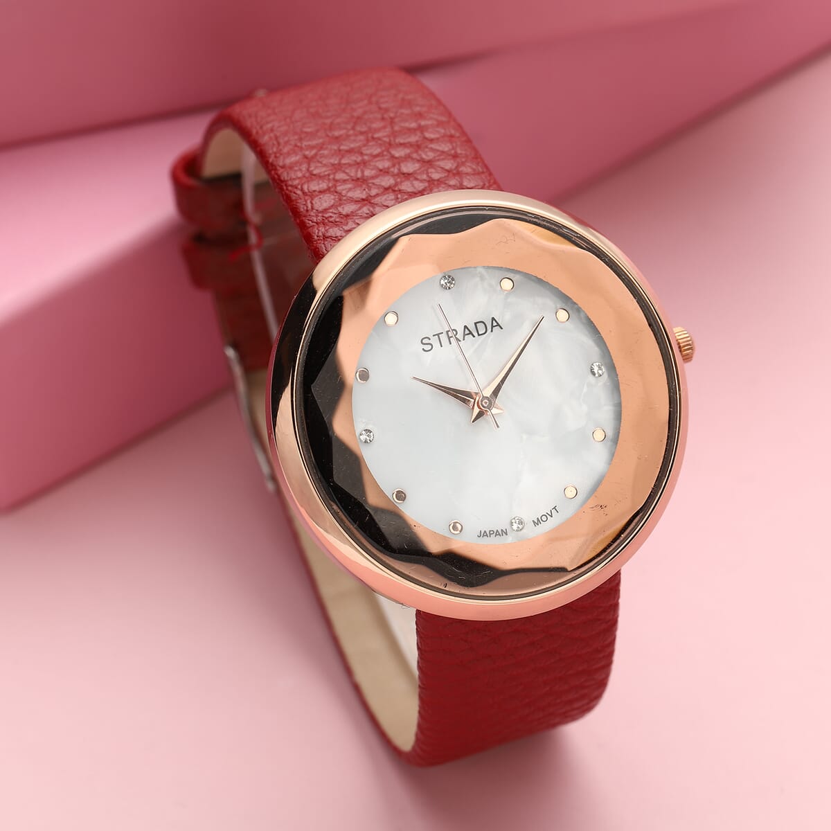 Strada Japanese Movement  Simulated MOP Carved Dial Watch With Wine Red Faux Leather (39.8mm) image number 1