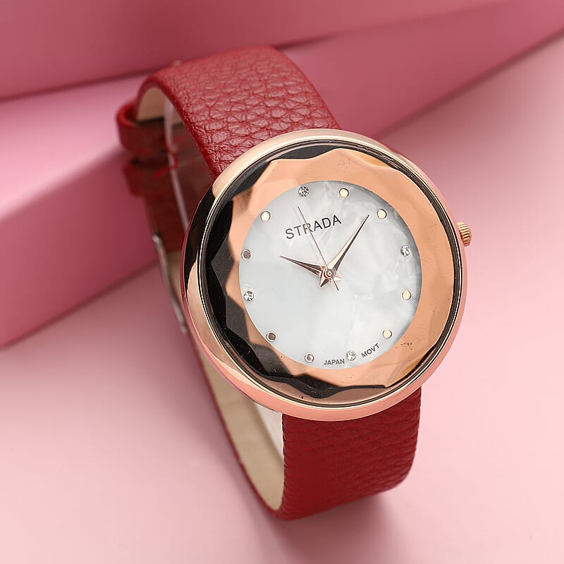 Strada Japanese Movement  Simulated MOP Carved Dial Watch With Wine Red Faux Leather (39.8mm)