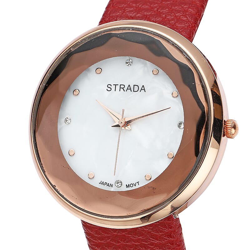 Strada Japanese Movement  Simulated MOP Carved Dial Watch With Wine Red Faux Leather (39.8mm)