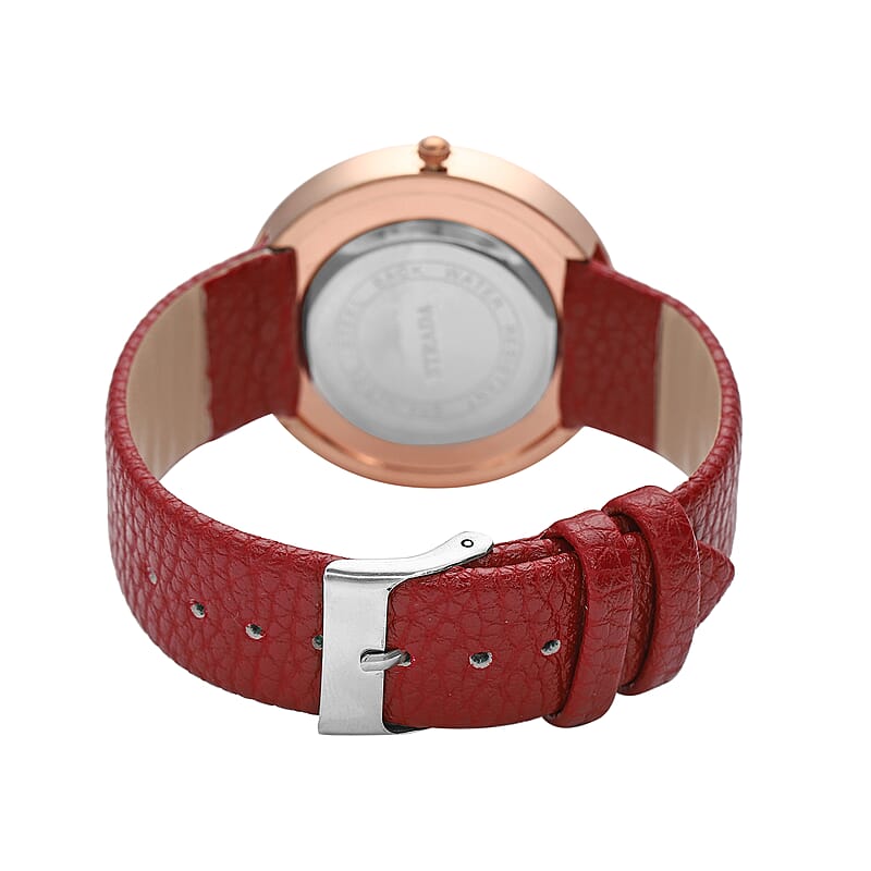 Strada Japanese Movement  Simulated MOP Carved Dial Watch With Wine Red Faux Leather (39.8mm)