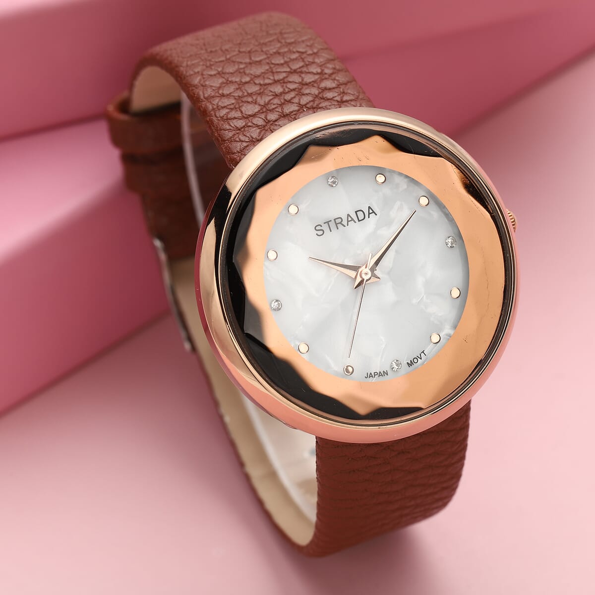 Strada Japanese Movement Watch  Simulated MOP Carved Dial With Dark Brown Faux Leather (39.8mm) image number 1
