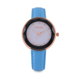 Strada Japanese Movement Simulated MOP Carved Dial Watch With Dark Blue Blue Faux Leather (39.8mm)