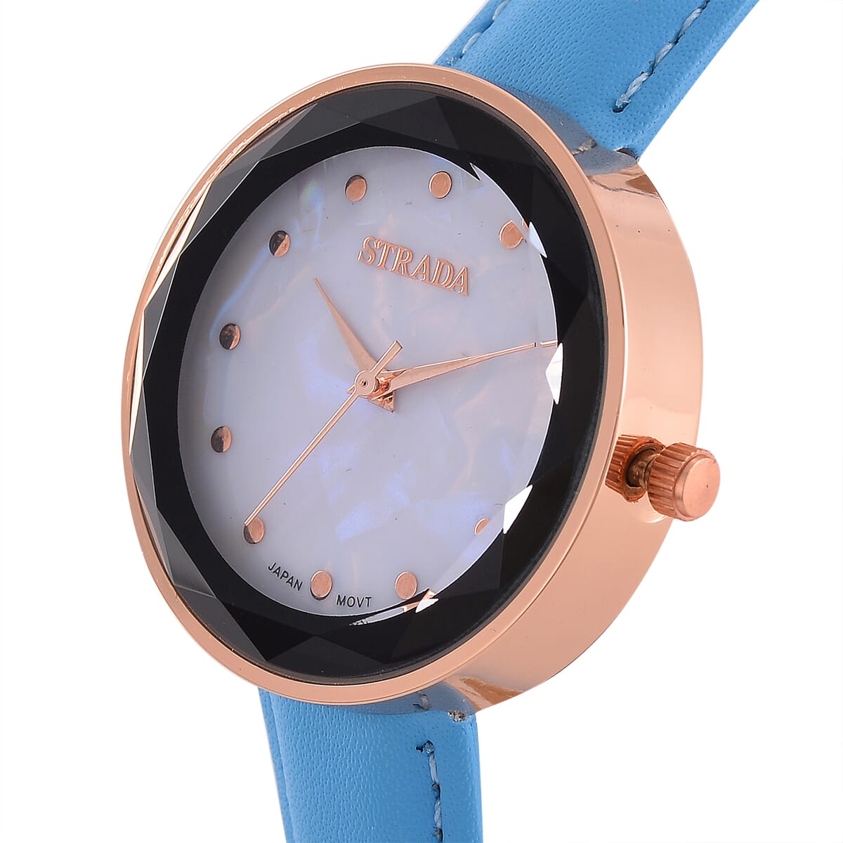 Strada Japanese Movement Simulated MOP Carved Dial Watch With Dark Blue Blue Faux Leather (39.8mm) image number 2