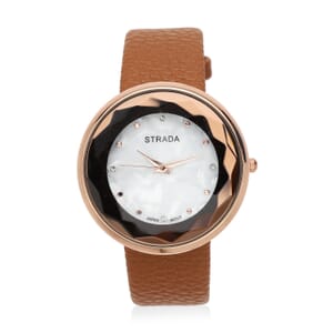 Strada Japanese Movement Simulated MOP Carved Dial Watch With Dark Gold Faux Leather (39.8mm)