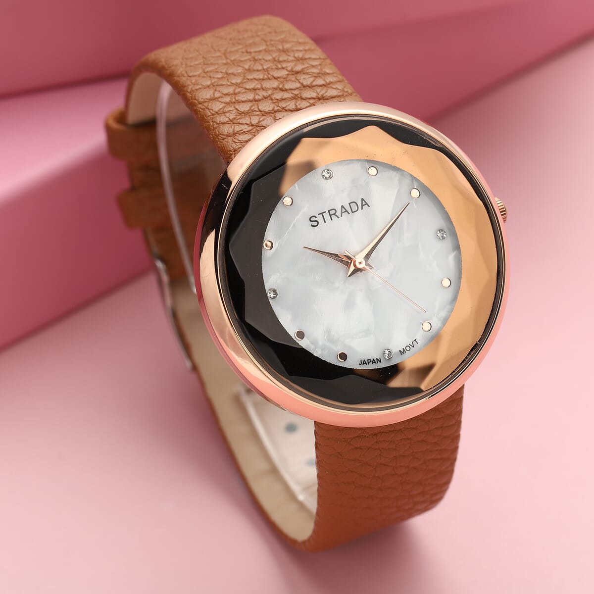 Strada Japanese Movement Simulated MOP Carved Dial Watch With Dark Gold Faux Leather (39.8mm) image number 1