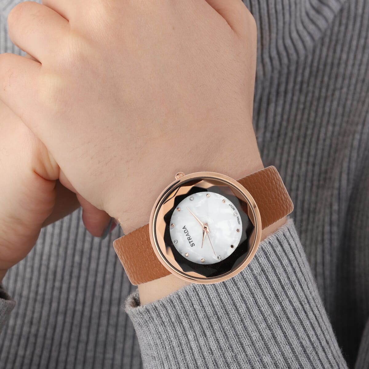 Strada Japanese Movement Simulated MOP Carved Dial Watch With Dark Gold Faux Leather (39.8mm) image number 2