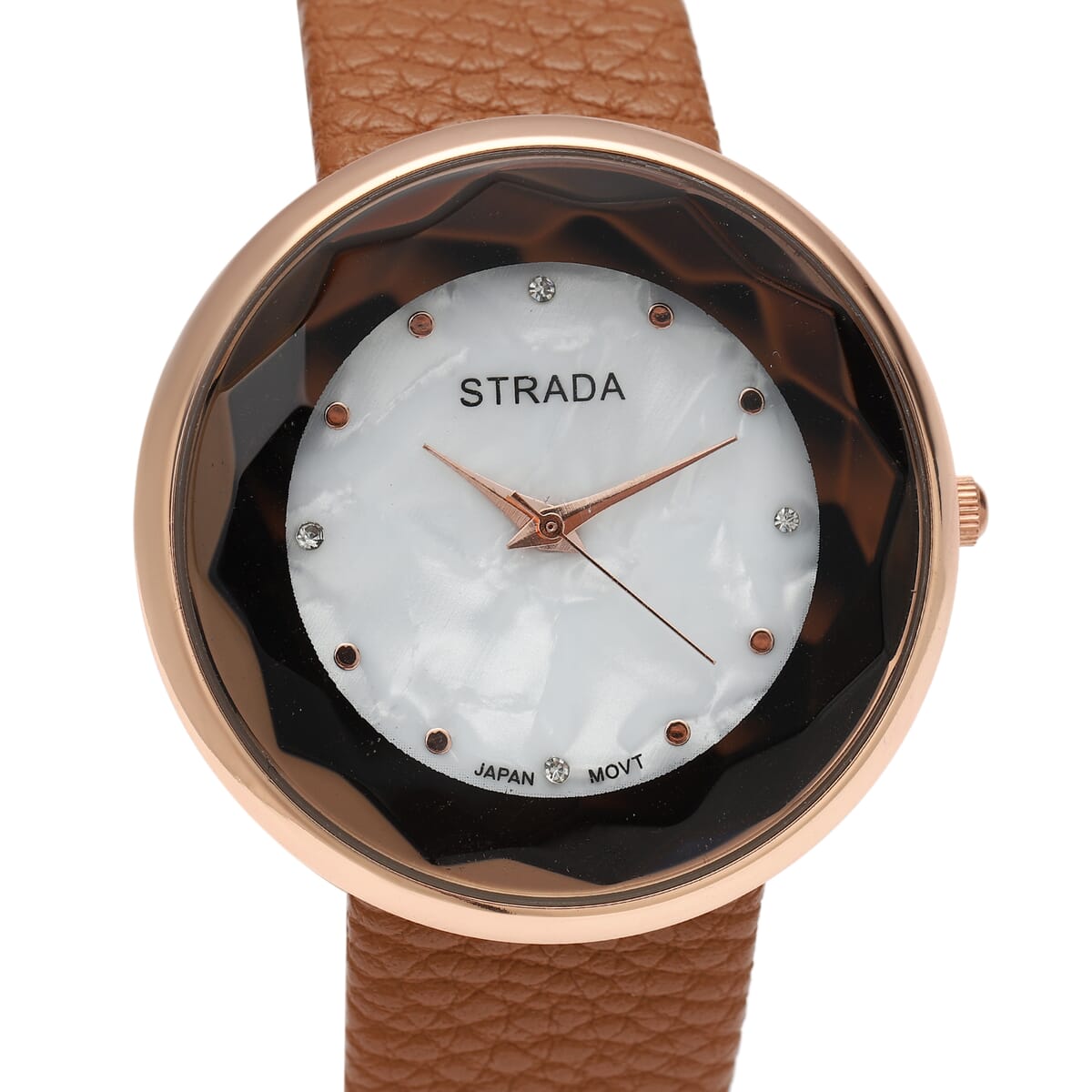 Strada Japanese Movement Simulated MOP Carved Dial Watch With Dark Gold Faux Leather (39.8mm) image number 3