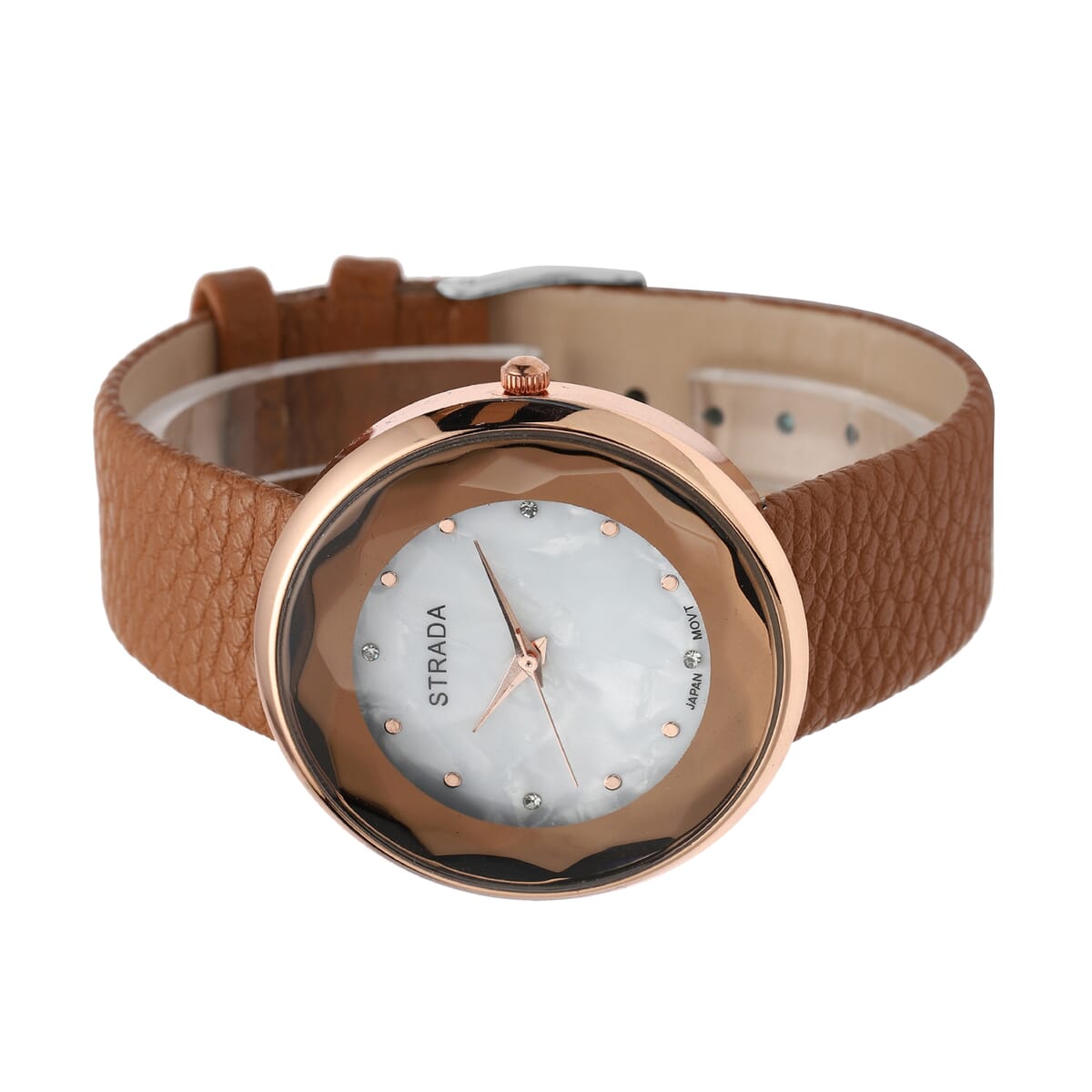 Strada Japanese Movement Simulated MOP Carved Dial Watch With Dark Gold Faux Leather (39.8mm) image number 4