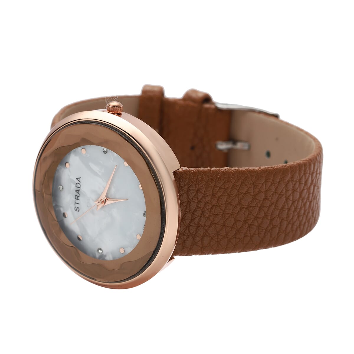 Strada Japanese Movement Simulated MOP Carved Dial Watch With Dark Gold Faux Leather (39.8mm) image number 5