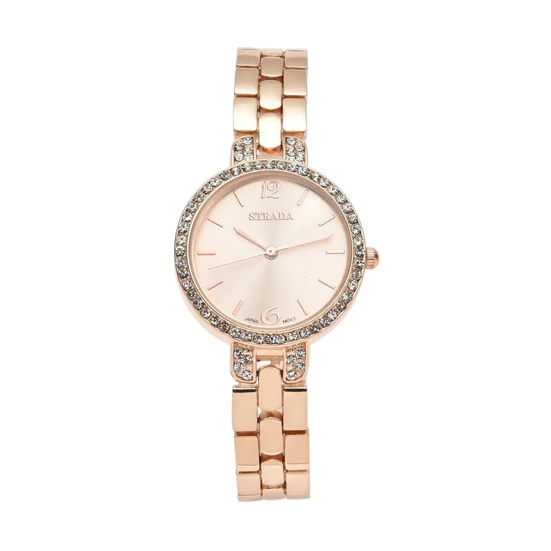 Strada Austrian Crystal Japanese Movement Light Rose Gold Dial Watch in Rosetone (30.20mm) (6.0-7.25 Inch)