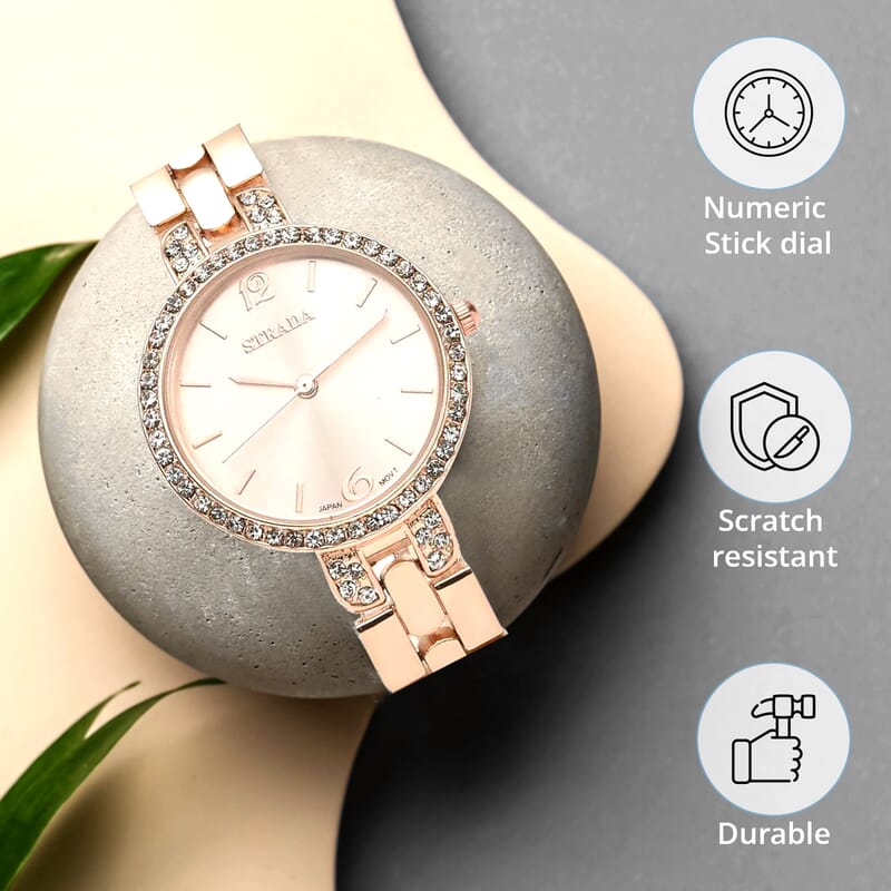 Strada Austrian Crystal Japanese Movement Light Rose Gold Dial Watch in Rosetone (30.20mm) (6.0-7.25 Inch)