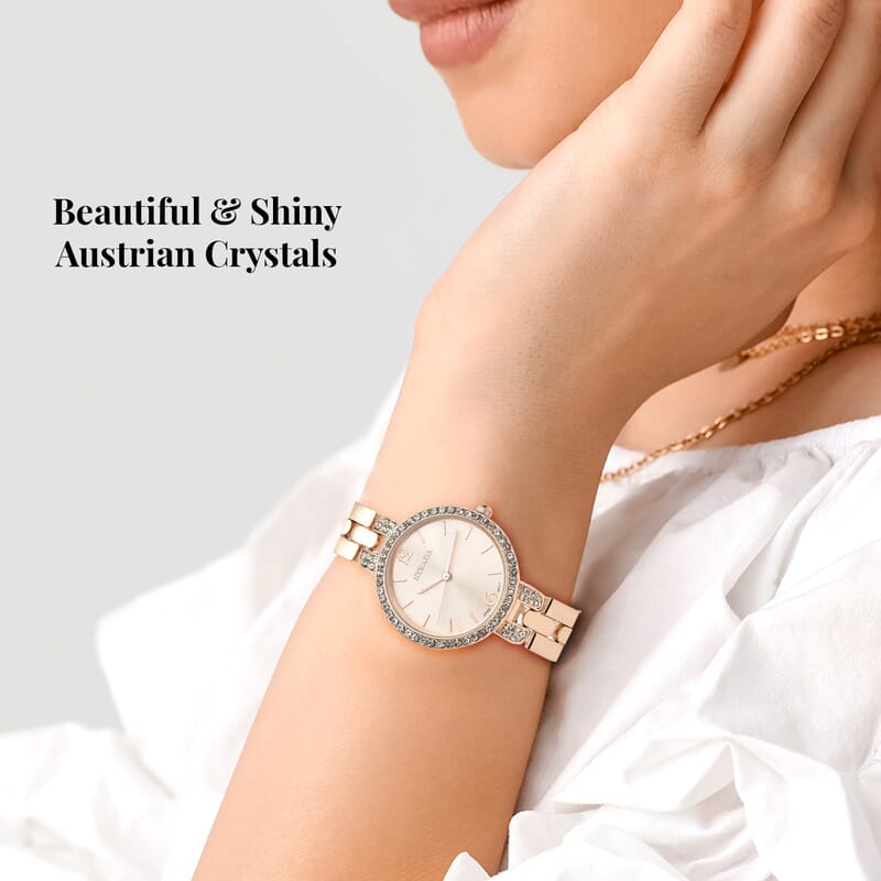 Strada Austrian Crystal Japanese Movement Light Rose Gold Dial Watch in Rosetone (30.20mm) (6.0-7.25 Inch)