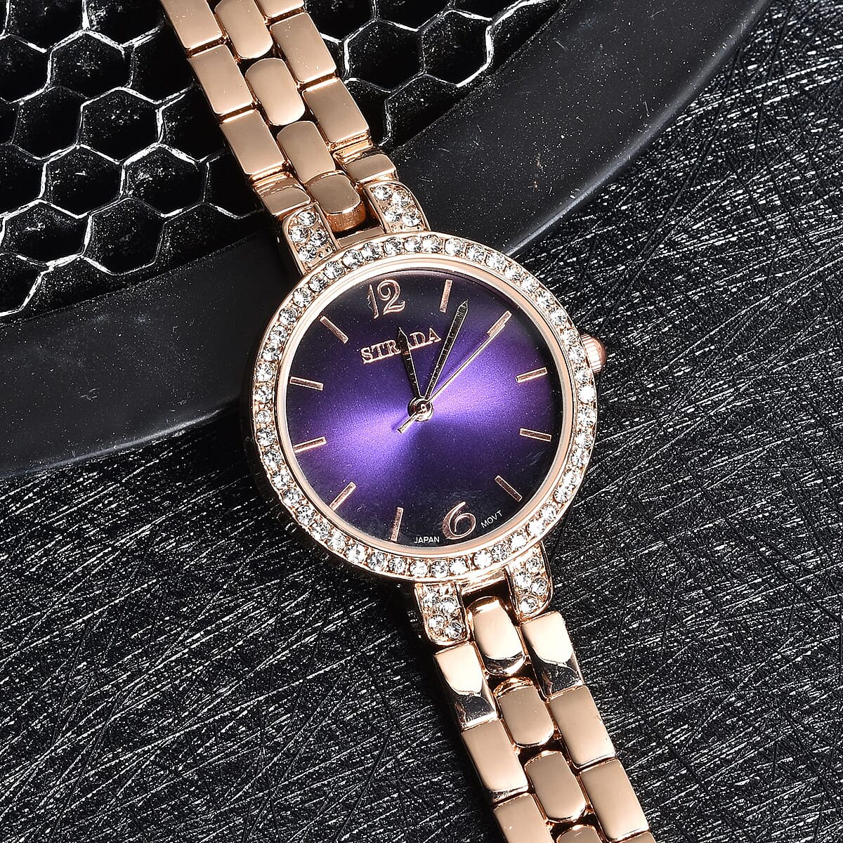 Strada Austrian Crystal Japanese Movement Purple Dial Watch in Goldtone (30.20mm) (6.0-7.25 Inch) image number 1