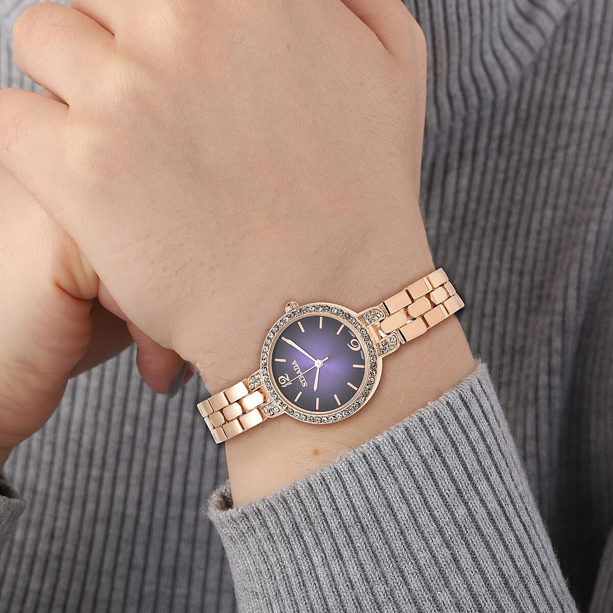 Strada Austrian Crystal Japanese Movement Purple Dial Watch in Goldtone (30.20mm) (6.0-7.25 Inch) image number 2