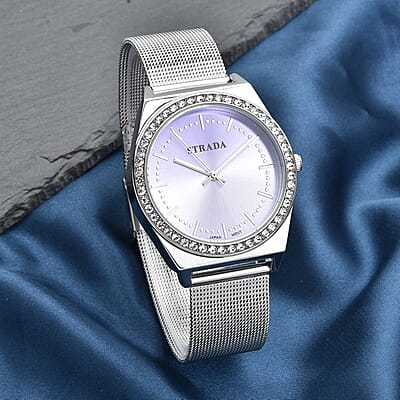 Strada Japanese Movement White Austrian Crystal Gradient Purple Sunshine Dial Watch with Stainless Steel Mesh Strap (39.37mm) (6.50-8.25 Inches)