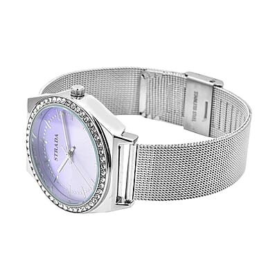 Strada Japanese Movement White Austrian Crystal Gradient Purple Sunshine Dial Watch with Stainless Steel Mesh Strap (39.37mm) (6.50-8.25 Inches)