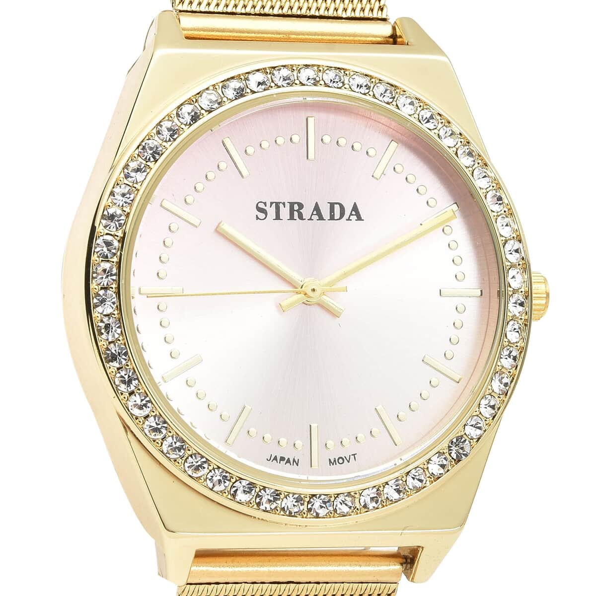 Strada Japanese Movement White Austrian Crystal Gradient Pink Sunshine Dial Watch with Stainless Steel Mesh Strap (39.37mm) (6.50-8.25 Inches) image number 3