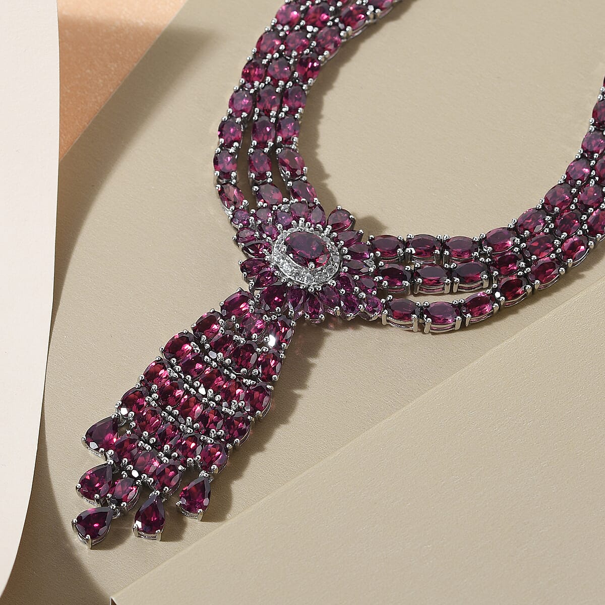 Orissa Rhodolite Garnet and White Zircon Flower Necklace 18 Inches in Platinum Over Sterling Silver 75.00 ctw image number 1