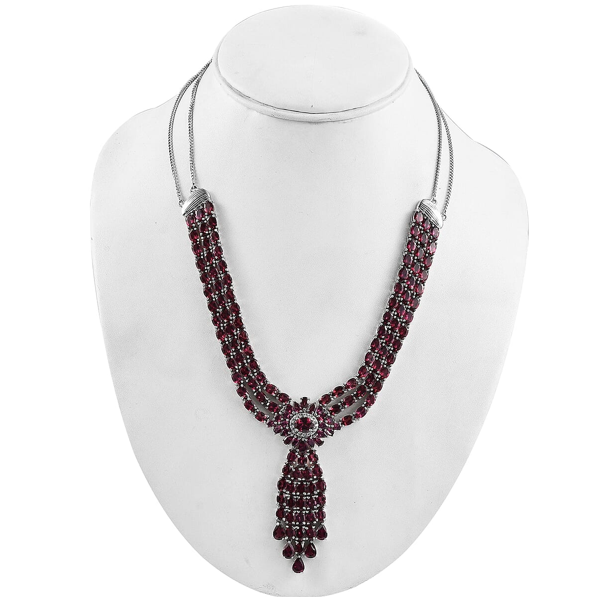 Orissa Rhodolite Garnet and White Zircon Flower Necklace 18 Inches in Platinum Over Sterling Silver 75.00 ctw image number 2