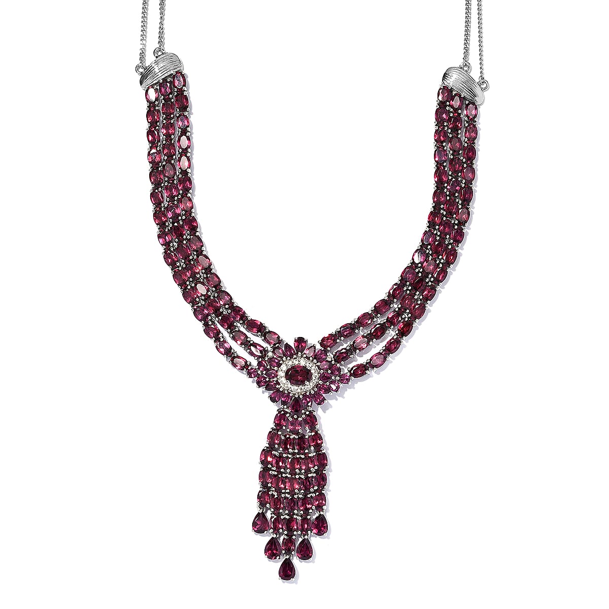 Orissa Rhodolite Garnet and White Zircon Flower Necklace 18 Inches in Platinum Over Sterling Silver 75.00 ctw image number 3