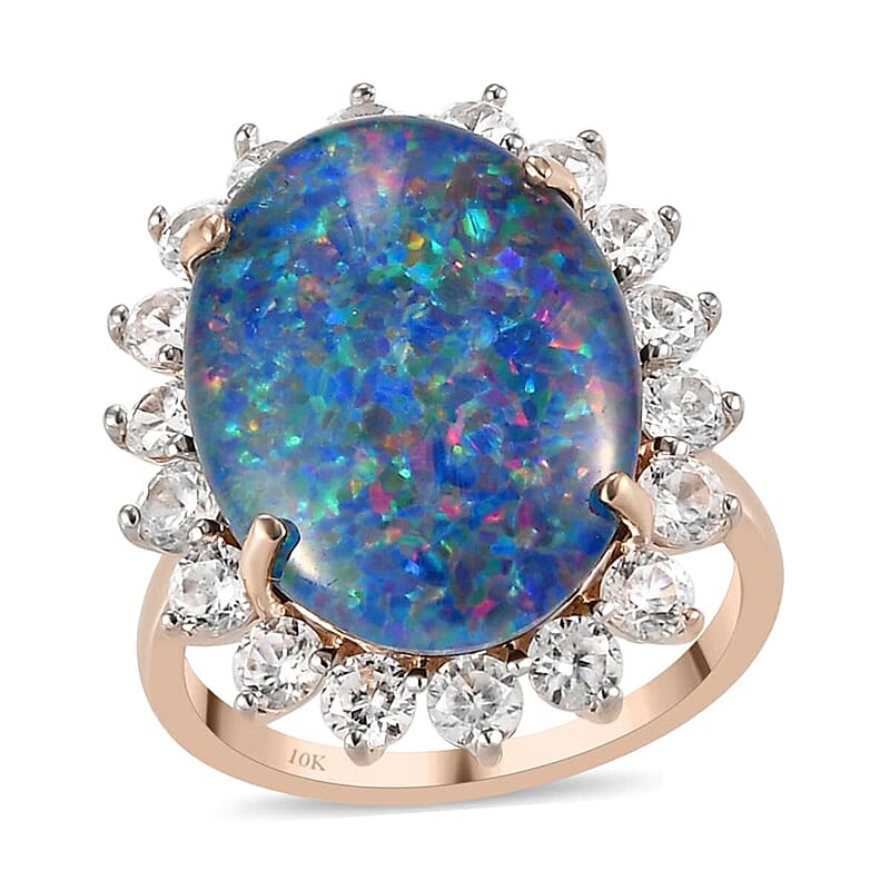 10K Rose Gold AAA Boulder Opal Triplet and White Zircon Sunburst Ring (Size 6.0) 10.00 ctw