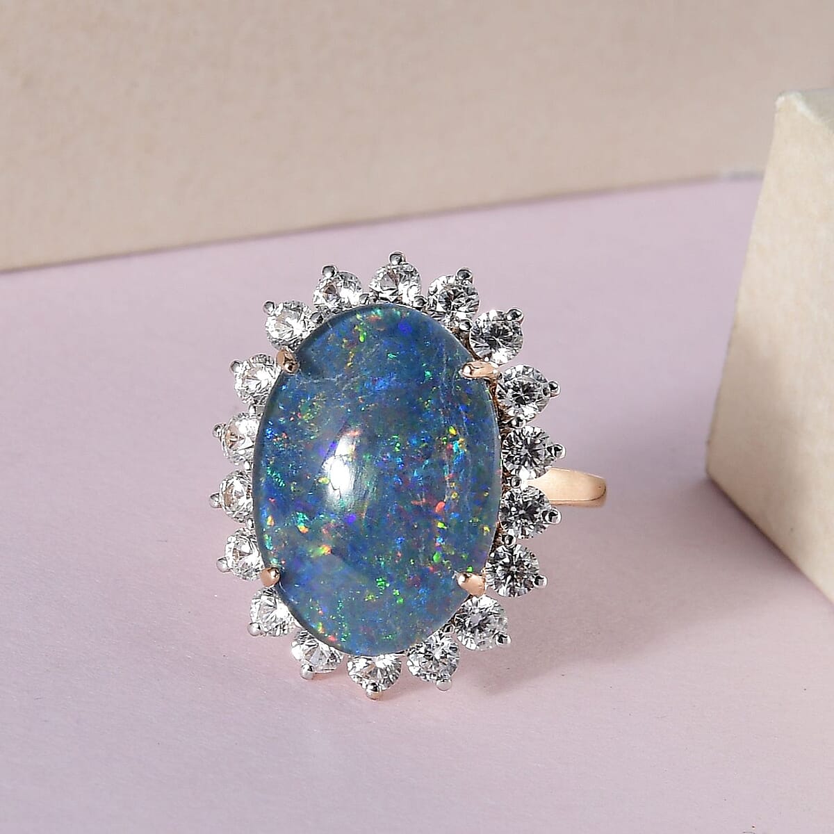 10K Rose Gold AAA Boulder Opal Triplet and White Zircon Sunburst Ring (Size 9.0) 10.00 ctw image number 1