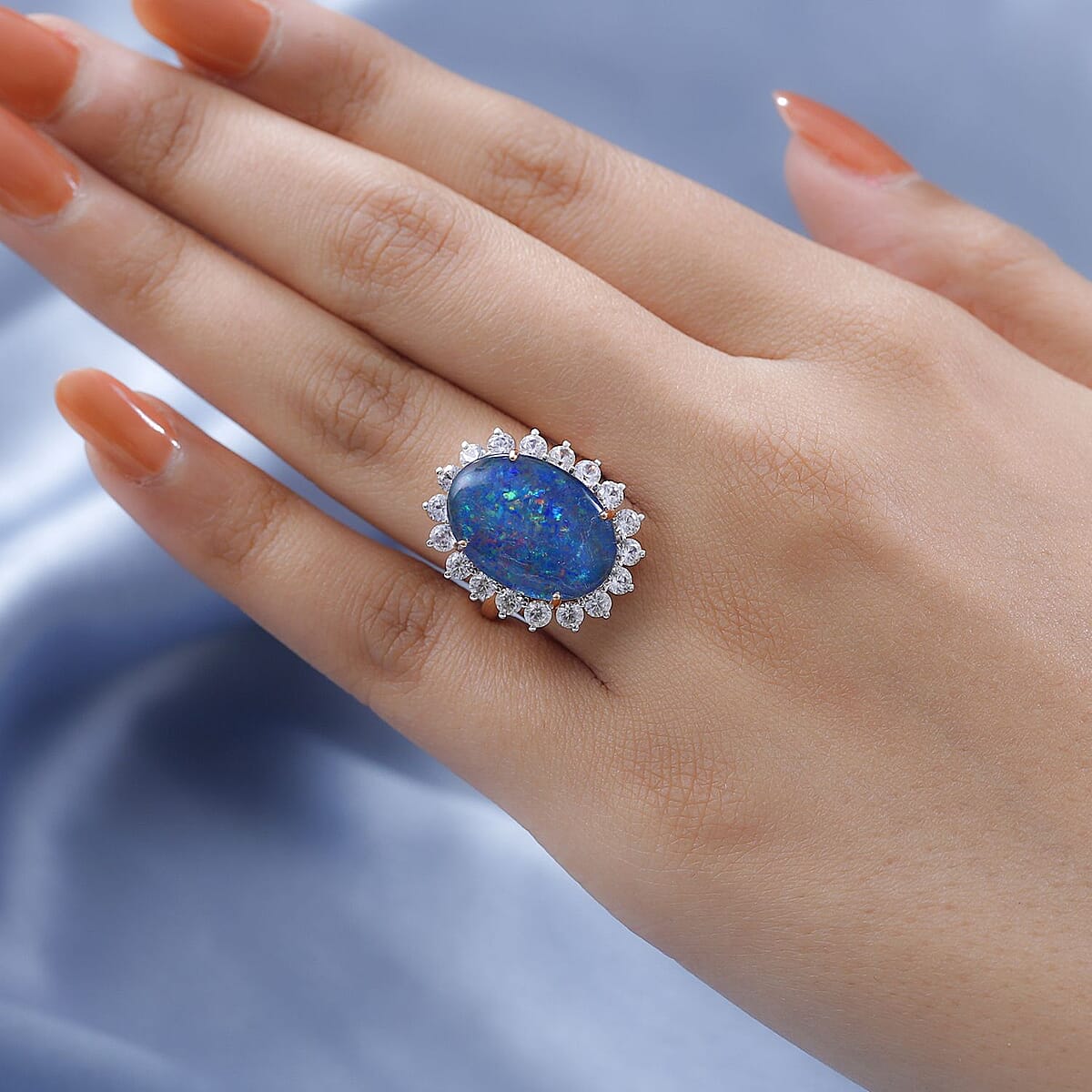 10K Rose Gold AAA Boulder Opal Triplet and White Zircon Sunburst Ring (Size 9.0) 10.00 ctw image number 2