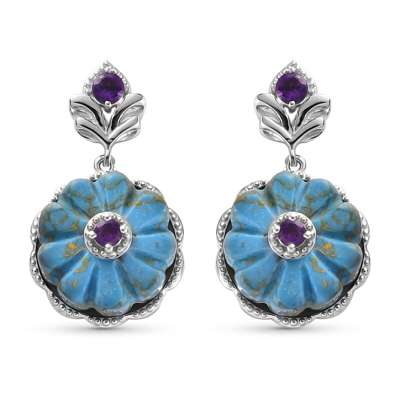 Mojave Blue Turquoise and Amethyst Floral Earrings in Platinum Over Sterling Silver 21.15 ctw