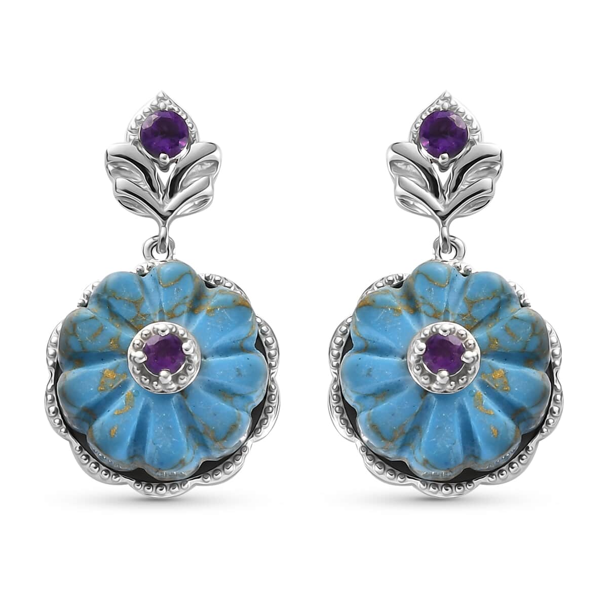 Mojave Blue Turquoise and Amethyst Floral Earrings in Platinum Over Sterling Silver 21.15 ctw image number 0