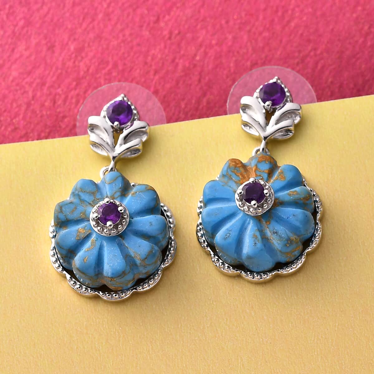 Mojave Blue Turquoise and Amethyst Floral Earrings in Platinum Over Sterling Silver 21.15 ctw image number 1