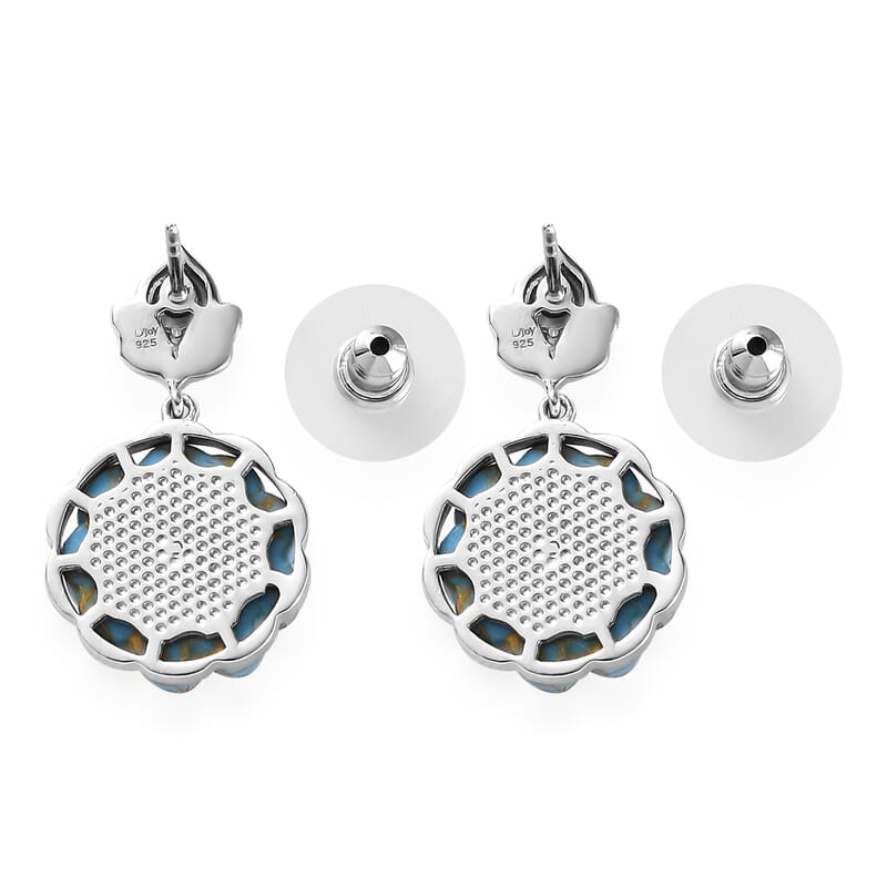 Mojave Blue Turquoise and Amethyst Floral Earrings in Platinum Over Sterling Silver 21.15 ctw