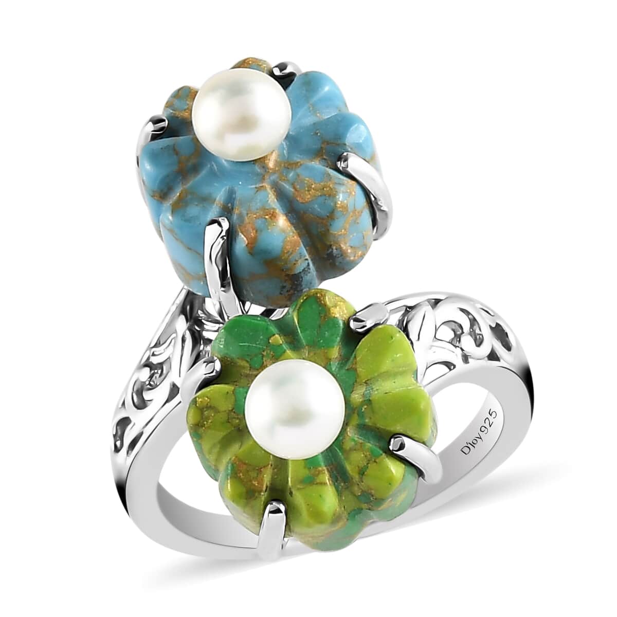 Mojave Green and Blue Turquoise, Freshwater Pearl Floral Bypass Ring in Platinum Over Sterling Silver 10.90 ctw image number 0