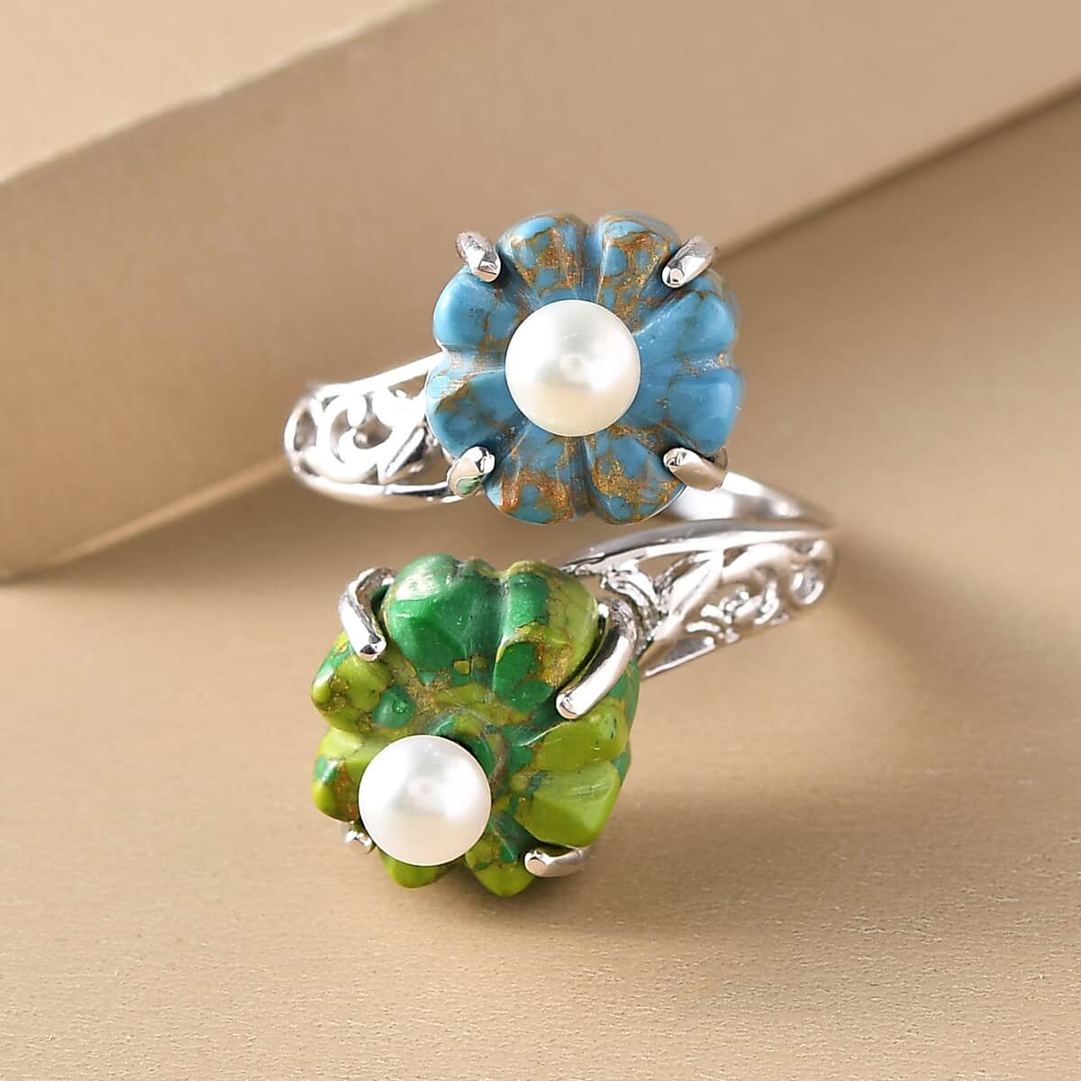 Mojave Green and Blue Turquoise, Freshwater Pearl Floral Bypass Ring in Platinum Over Sterling Silver 10.90 ctw image number 1