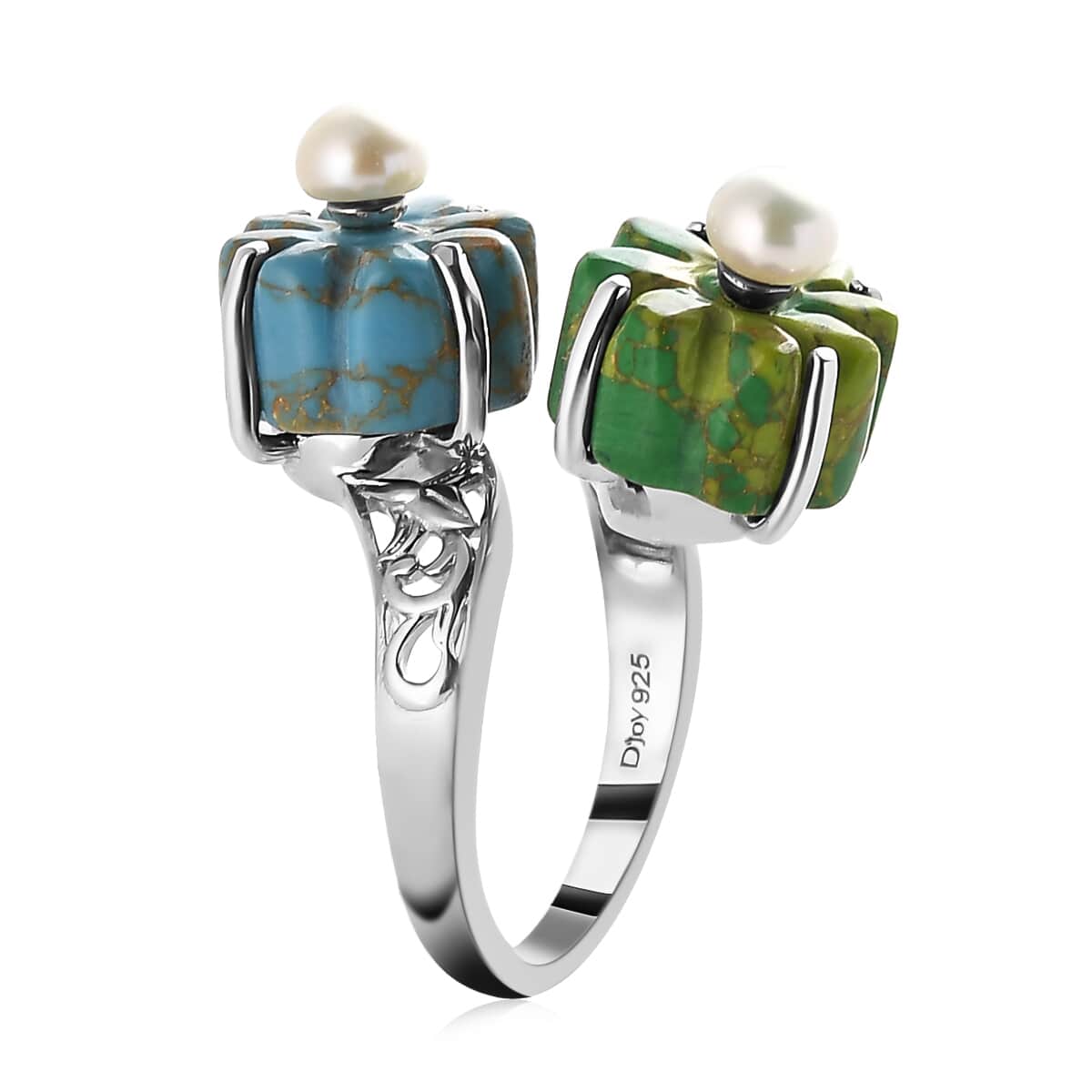 Mojave Green and Blue Turquoise, Freshwater Pearl Floral Bypass Ring in Platinum Over Sterling Silver 10.90 ctw image number 3