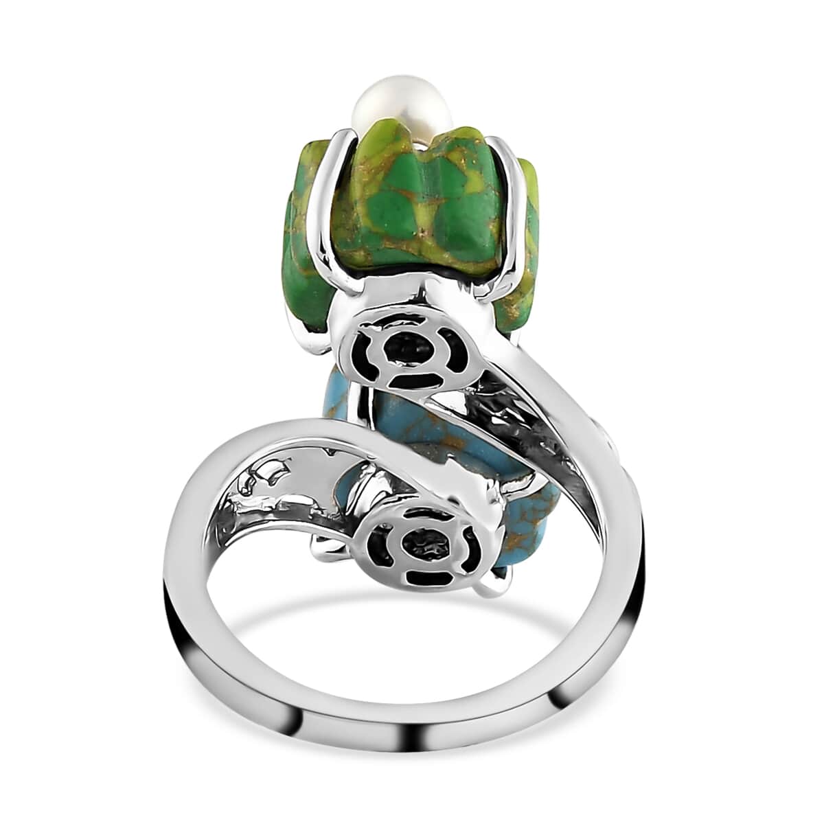 Mojave Green and Blue Turquoise, Freshwater Pearl Floral Bypass Ring in Platinum Over Sterling Silver 10.90 ctw image number 4
