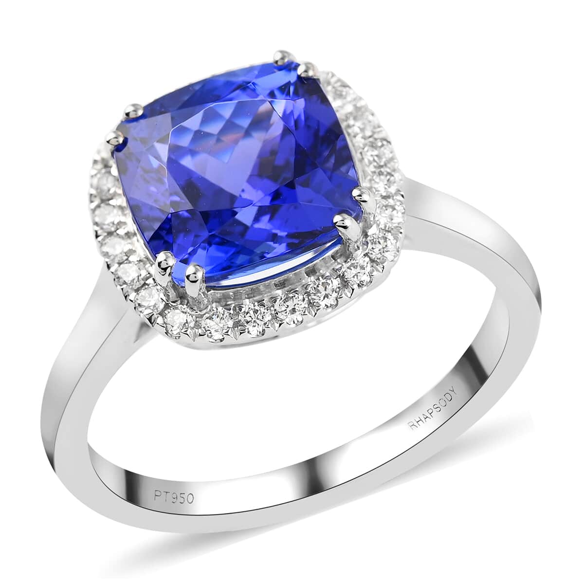 RED CARPET COLLECTION Certified and Appraised RHAPSODY 950 Platinum AAAA Tanzanite and E-F VS Diamond Halo Ring (Size 8.0) 5.50 Grams 3.20 ctw image number 0