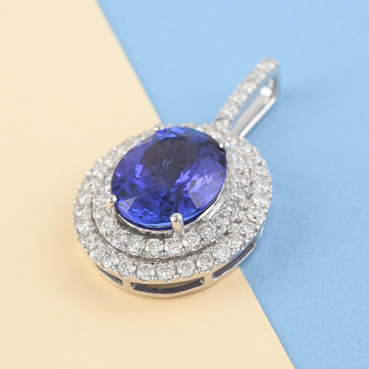 Appraised Rhapsody 950 Platinum AAAA Tanzanite and E-F VS Diamond Double Halo Pendant 7 Grams 6.40 ctw image number 1