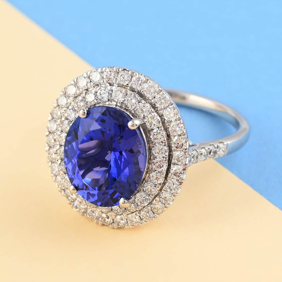 Rhapsody 950 Platinum AAAA Tanzanite and Diamond E-F VS Double Halo Ring (Size 7.0) 9.50 Grams 6.50 ctw image number 1
