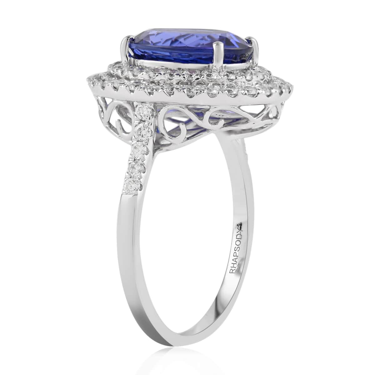 Rhapsody 950 Platinum AAAA Tanzanite and Diamond E-F VS Double Halo Ring (Size 7.0) 9.50 Grams 6.50 ctw image number 3