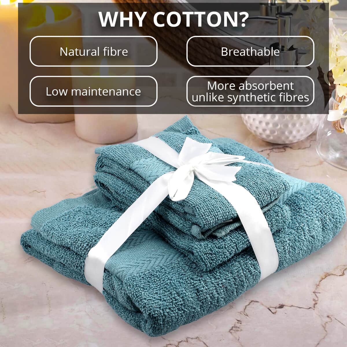 "3 Pc Cotton Towel Set (1 Bath Towel 47x28 in, 1 Hand Towel 20x12 in and 1 Face towel 12x12 inches) COLOR: Mint " image number 2