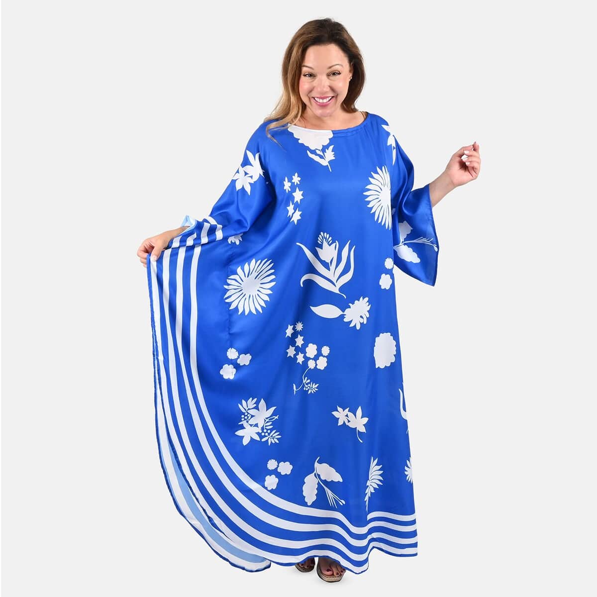 Tamsy Royal Blue Floral Asymmetrical Kaftan Dress - Loose Fit, One Size Fits Most | Holiday Dress | Swimsuit Cover Up | Beach Cover Ups | Holiday Clothes image number 0