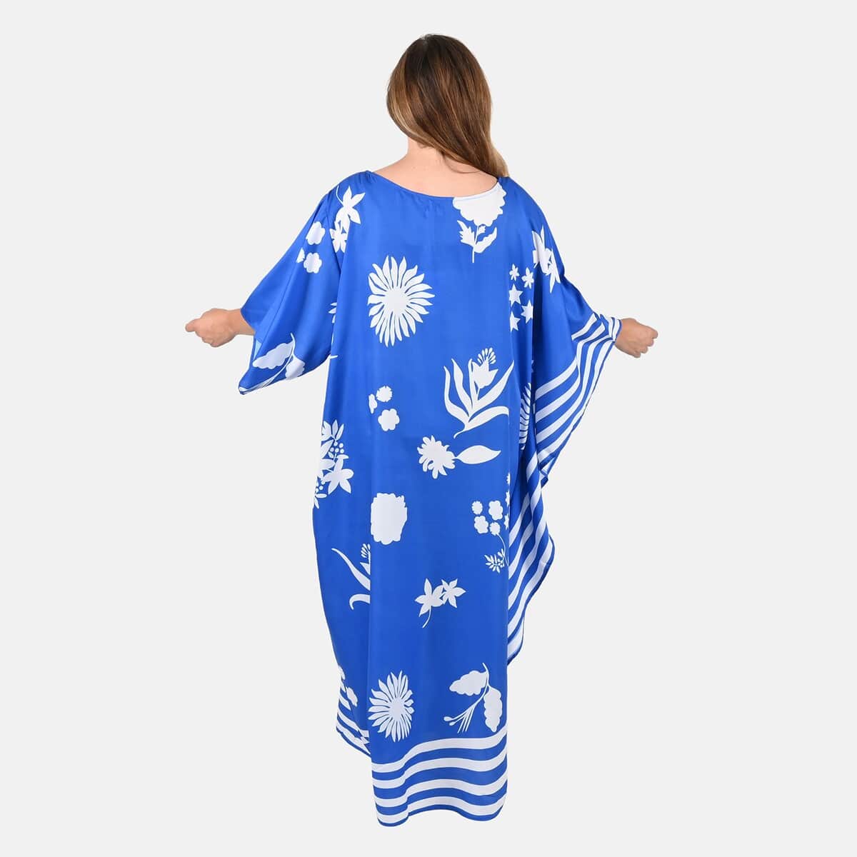 Tamsy Royal Blue Floral Asymmetrical Kaftan Dress - Loose Fit, One Size Fits Most | Holiday Dress | Swimsuit Cover Up | Beach Cover Ups | Holiday Clothes image number 1