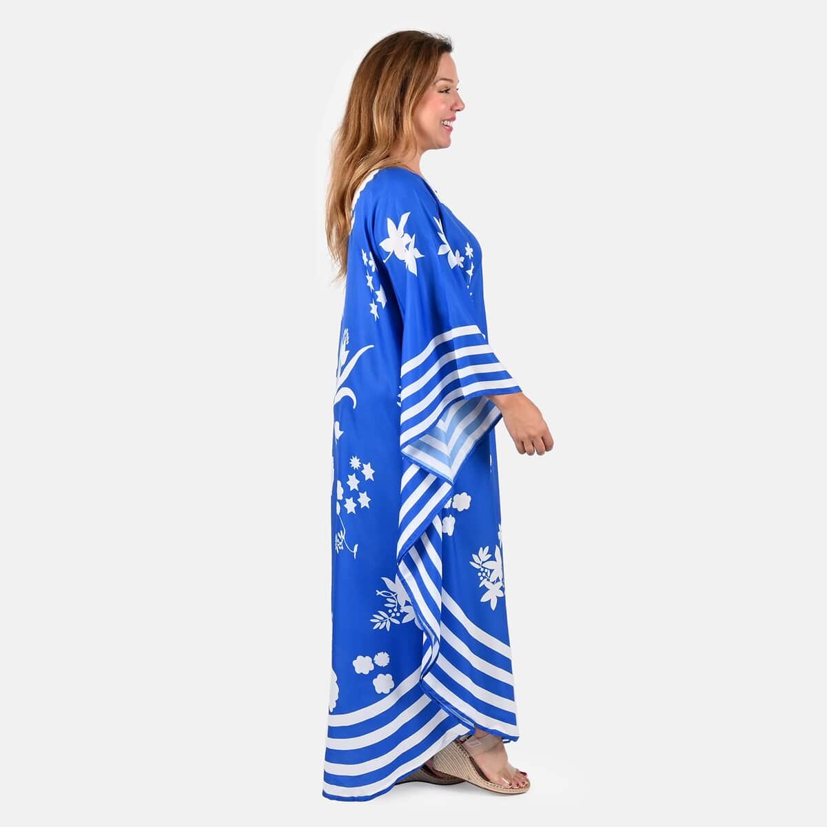 Tamsy Royal Blue Floral Asymmetrical Kaftan Dress - Loose Fit, One Size Fits Most | Holiday Dress | Swimsuit Cover Up | Beach Cover Ups | Holiday Clothes image number 2