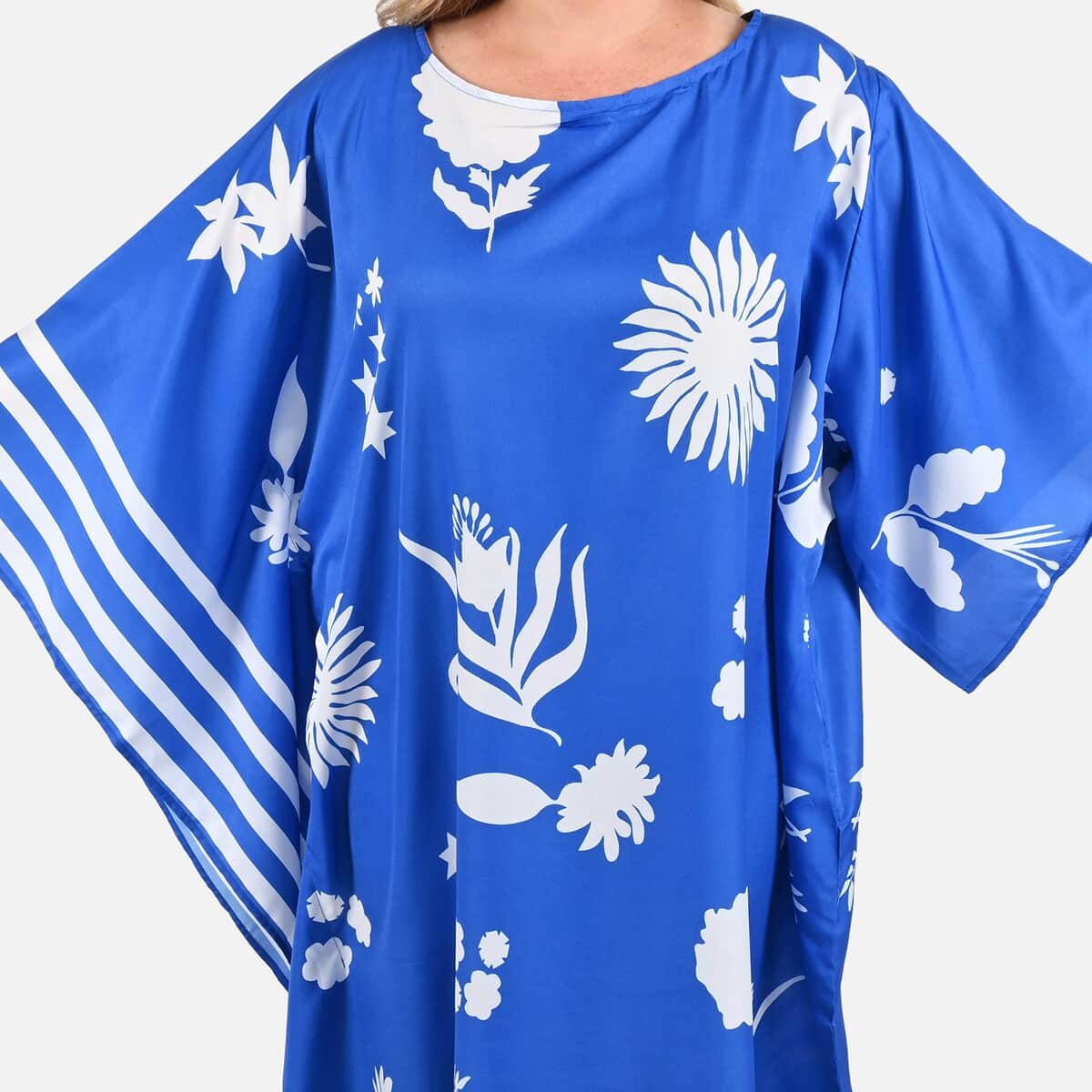 Tamsy Royal Blue Floral Asymmetrical Kaftan Dress - Loose Fit, One Size Fits Most | Holiday Dress | Swimsuit Cover Up | Beach Cover Ups | Holiday Clothes image number 4