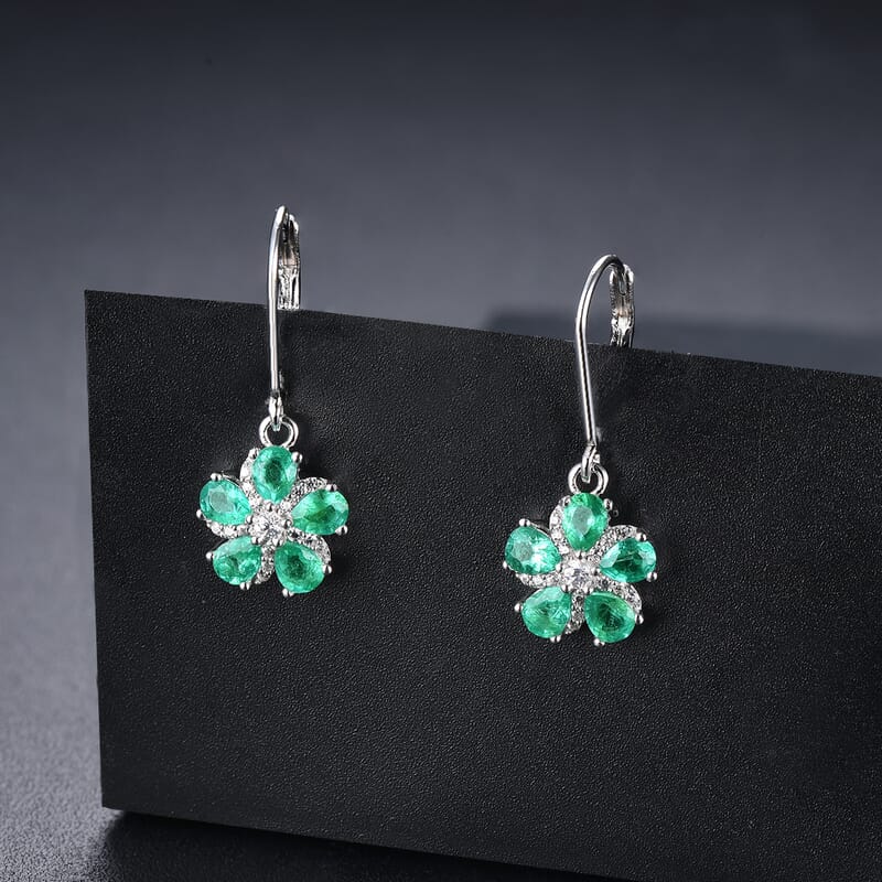 AAA Kagem Zambian Emerald and White Zircon 1.57 ctw Earrings in Rhodium Over Sterling Silver